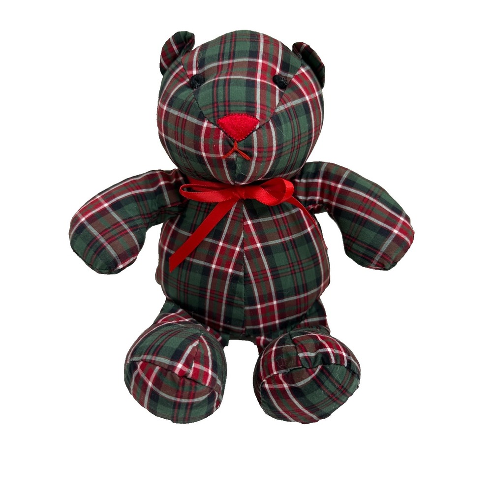Janie & Jack Teddy Bear Plaid Green Red Bow Plush 9 inch Stuffed Animal